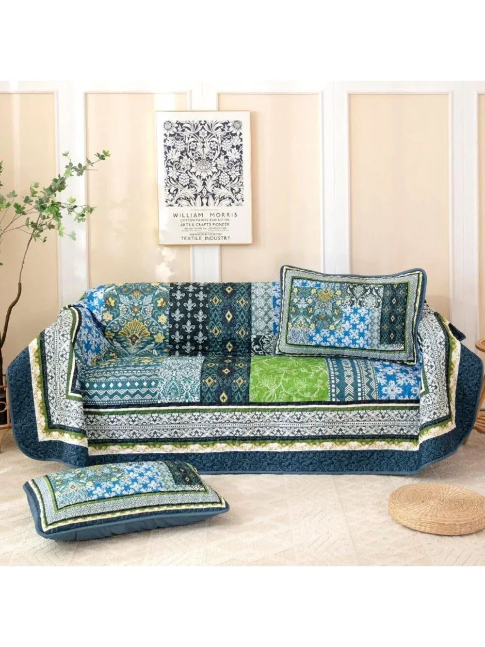 Boho Teal Patchwork Quilt Set, Reversible Lightweight Coverlet & 2 Pillow Shams